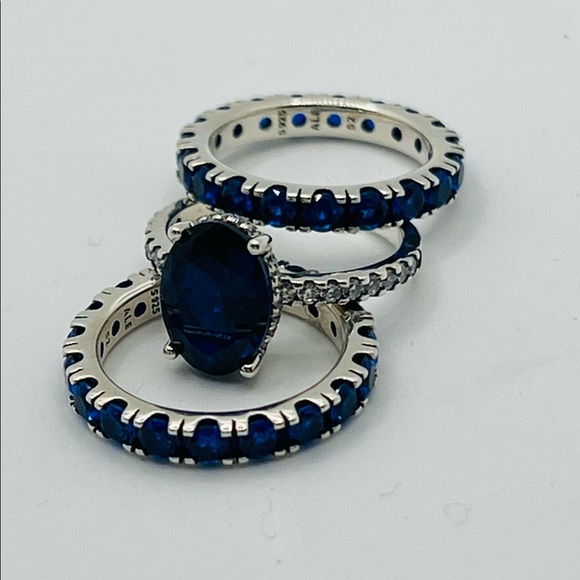 Pandora Accessories - Pandora Gorgeous & Elegant Statement Halo Blue Rings Set (3) Size 6